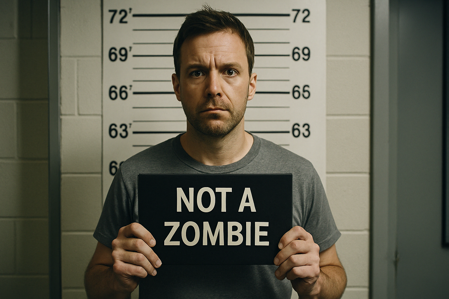AI generated image: A man in a mugshot holding a sign that says 'NOT A ZOMBIE', standing against a police-style height chart.