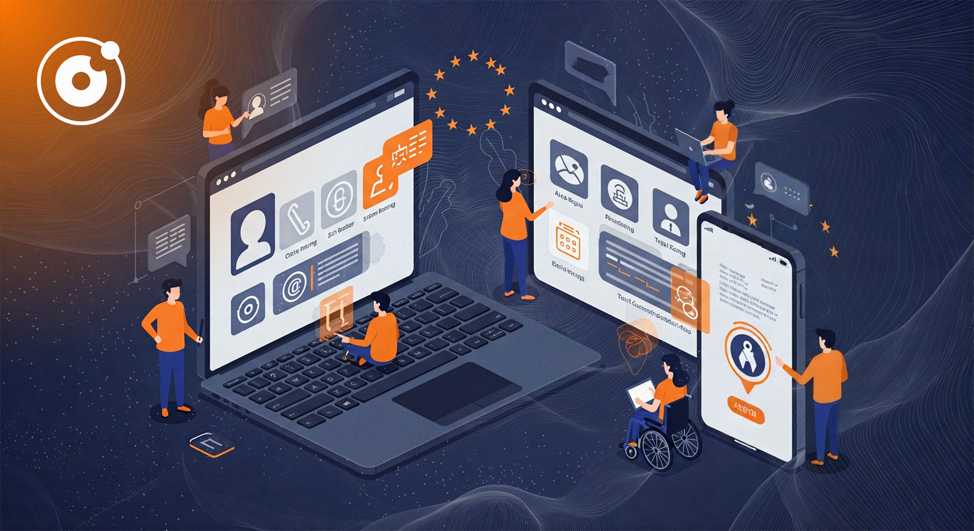 An illustration depicting digital accessibility in the context of the European Accessibility Act (EAA). A laptop, smartphone, and tablet display accessibility icons such as a screen reader, high contrast mode, and text resizing options. Diverse individuals, including a person in a wheelchair and a user with a screen reader, interact with technology. In the background, subtle EU stars symbolize compliance with EAA regulations. The color scheme features dark tones with vibrant orange highlights, aligning with NewOrbit branding.